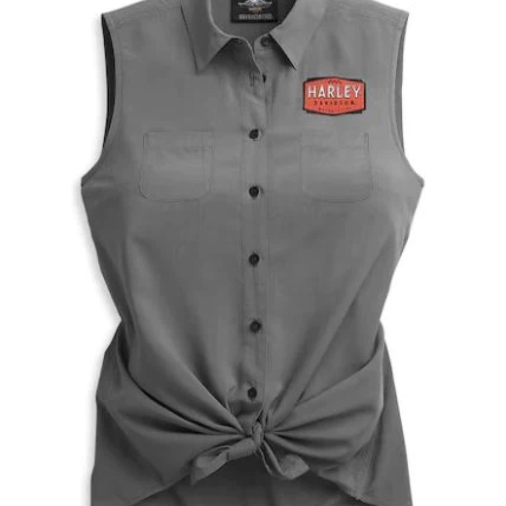 Harley-Davidson Women's Logo Tie Front Shirt Gray, Bottom up Medium 100% Rayon